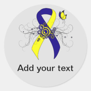 Blue and Yellow Awareness Ribbon with Butterfly Classic Round Sticker