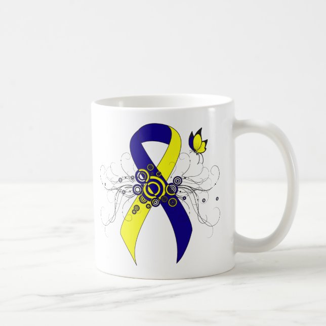 Blue and Yellow Awareness Ribbon with Butterfly Coffee Mug (Right)