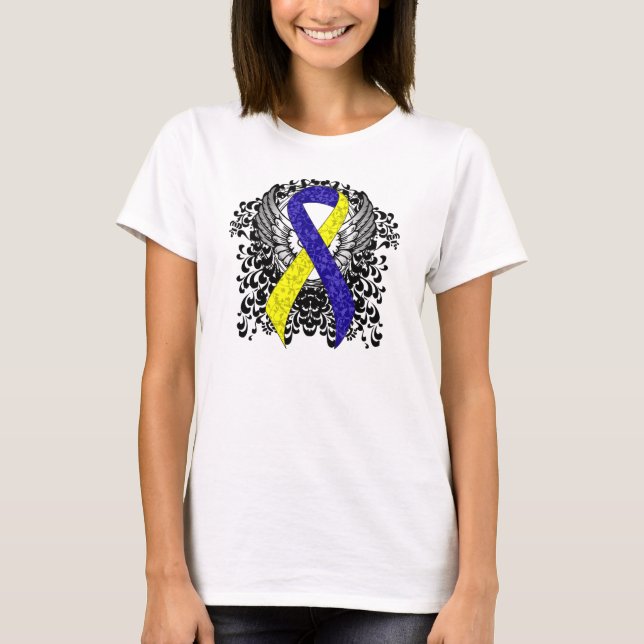 Blue and Yellow Awareness Ribbon with Wings T-Shirt (Front)