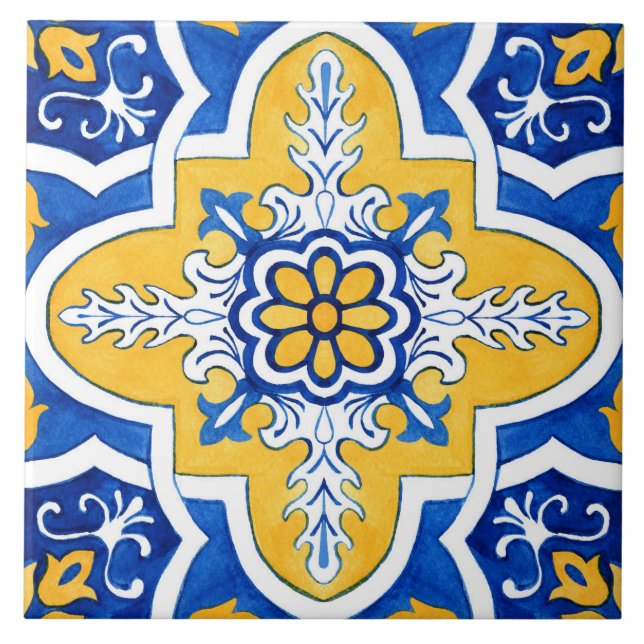 Blue and Yellow Azulejo Style Ceramic Tile. Tile (Front)
