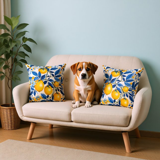  💛💙 Blue and yellow Azulejos with lemons Throw Pillow (Blue and yellow Azulejos with lemons Throw Pillow)