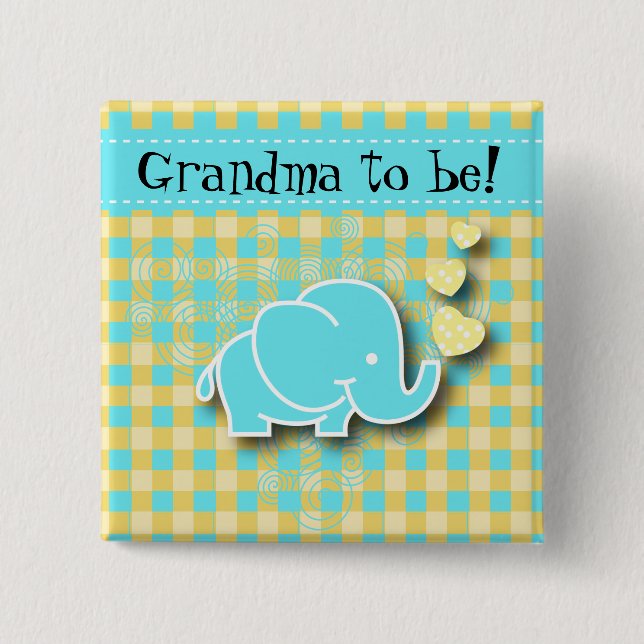 Blue and Yellow Baby Elephant | Grandma to be 2 Inch Square Button (Front)