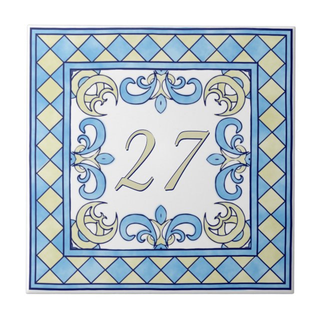 Blue and Yellow Big House Number Tile (Front)