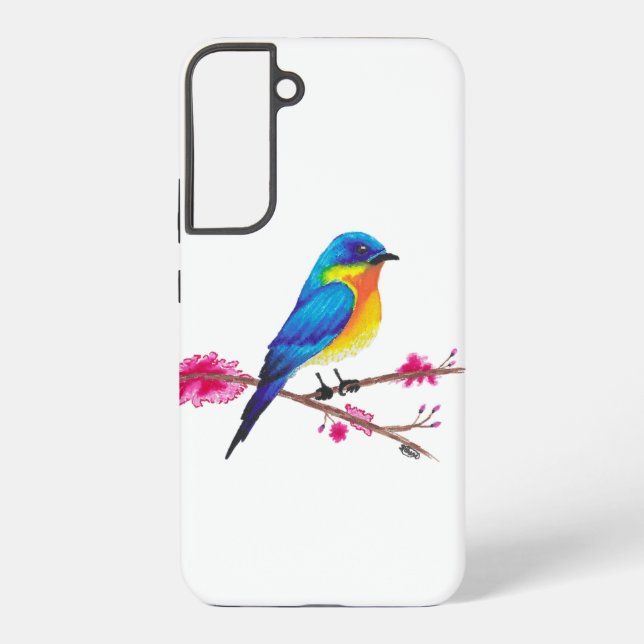 Blue and Yellow bird with Pink Flowers Drawing Samsung Galaxy S22+ Case (Back)