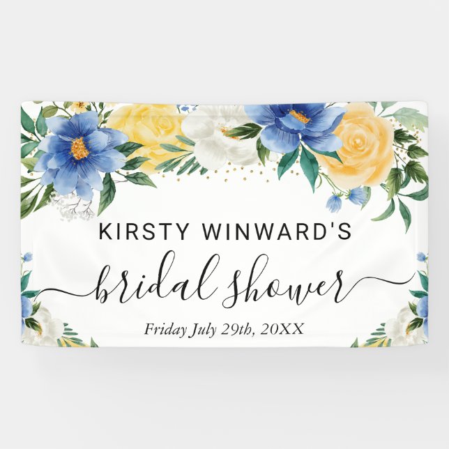 Blue and Yellow Boho Flowers Bridal Shower Welcome Banner (Horizontal)