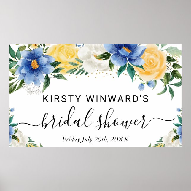 Blue and Yellow Boho Flowers Bridal Shower Welcome Poster (Front)