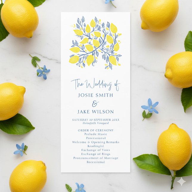 Blue and Yellow Botanical bright wedding Program (Pretty and bright lemons with blue vines wedding program.)
