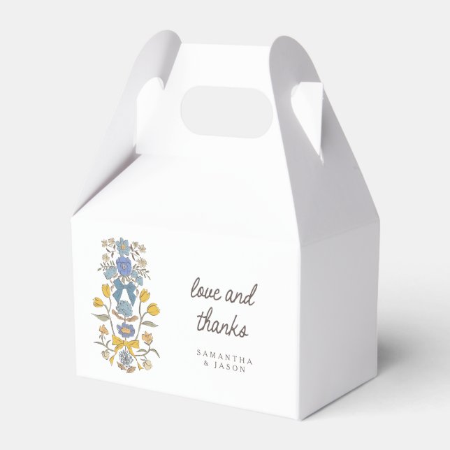 Blue and Yellow Bows Florals Wedding Favor Box (Front Side)