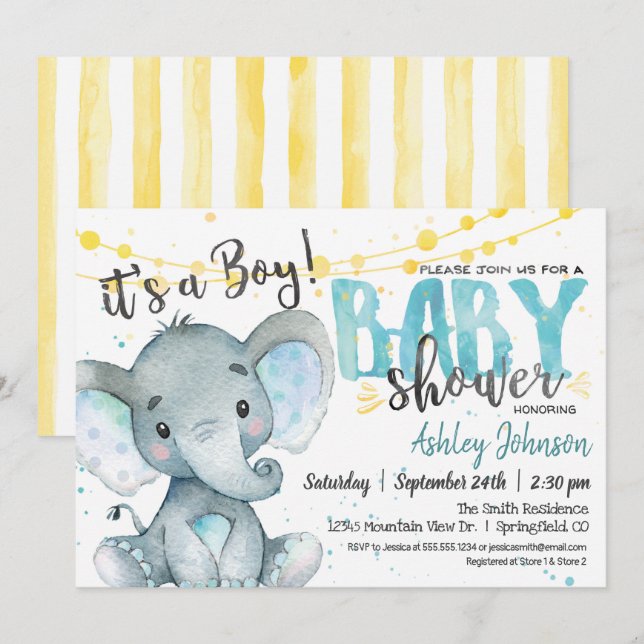 Blue and Yellow Boy Elephan Baby Shower Invitation (Front/Back)