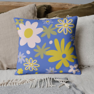 Blue and yellow bright floral  throw pillow