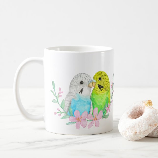 Blue and Yellow Budgie Parakeets bird lover gift  Coffee Mug (With Donut)
