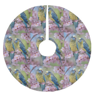 Blue And Yellow Budgies In Blossom Tree, Brushed Polyester Tree Skirt