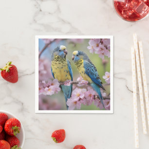 Blue And Yellow Budgies In Blossom Tree, Napkin
