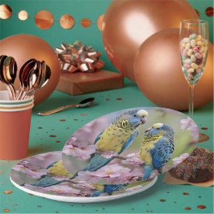 Blue And Yellow Budgies In Blossom Tree, Paper Plate
