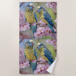 Blue And Yellow Budgies In Pink Blossom Tree, Beach Towel