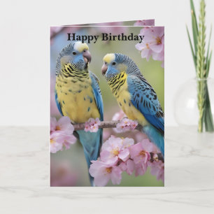 Blue And Yellow Budgies In Pink Blossom Tree, Card