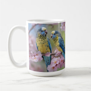 Blue And Yellow Budgies In Pink Blossom Tree, Coffee Mug