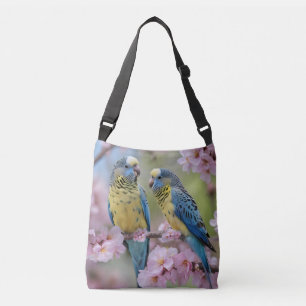 Blue And Yellow Budgies In Pink Blossom Tree, Crossbody Bag