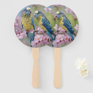 Blue And Yellow Budgies In Pink Blossom Tree, Hand Fan