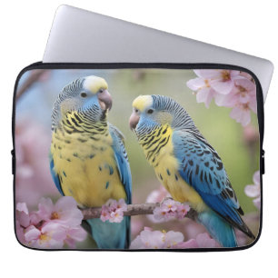 Blue And Yellow Budgies In Pink Blossom Tree, Laptop Sleeve