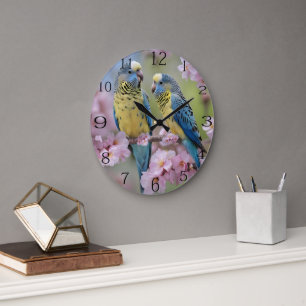 Blue And Yellow Budgies In Pink Blossom Tree, Large Clock