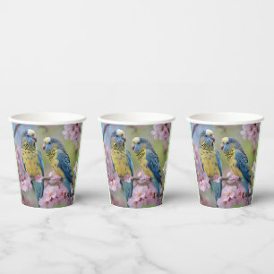 Blue And Yellow Budgies In Pink Blossom Tree, Paper Cups