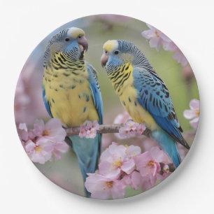 Blue And Yellow Budgies In Pink Blossom Tree, Paper Plate