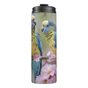 Blue And Yellow Budgies In Pink Blossom Tree, Thermal Tumbler