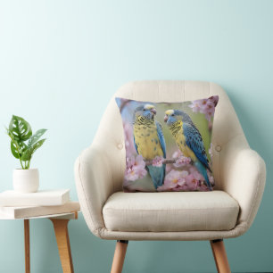 Blue And Yellow Budgies In Pink Blossom Tree, Throw Pillow