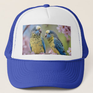 Blue And Yellow Budgies In Pink Blossom Tree, Trucker Hat