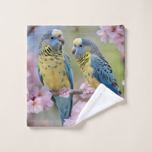 Blue And Yellow Budgies In Pink Blossom Tree, Wash Cloth