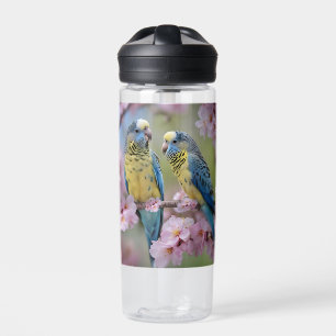 Blue And Yellow Budgies In Pink Blossom Tree, Water Bottle