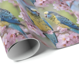 Blue And Yellow Budgies In Pink Blossom Tree, Wrapping Paper