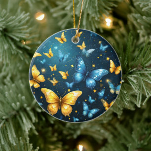Blue And Yellow Butterflies Flying, Ceramic Ornament