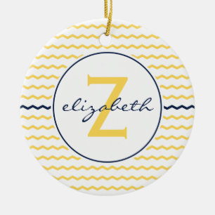 Blue and Yellow Chevron Monogram Ceramic Ornament