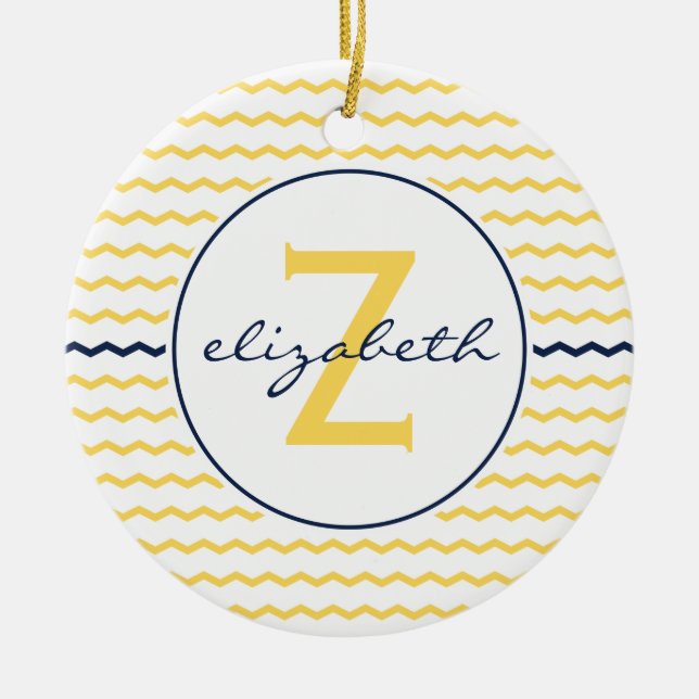 Blue and Yellow Chevron Monogram Ceramic Ornament (Front)