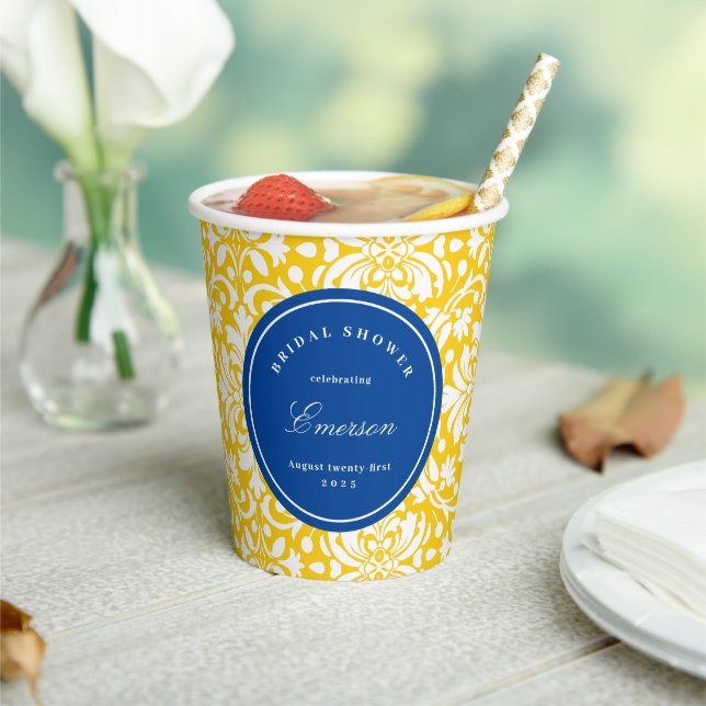 Blue and Yellow Chic Feminine Damask Pattern  Paper Cups (Insitu)