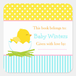 Blue and Yellow Chick Baby Shower Bookplate Square Sticker