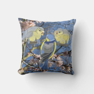Blue and Yellow Chickadee family Throw Pillow