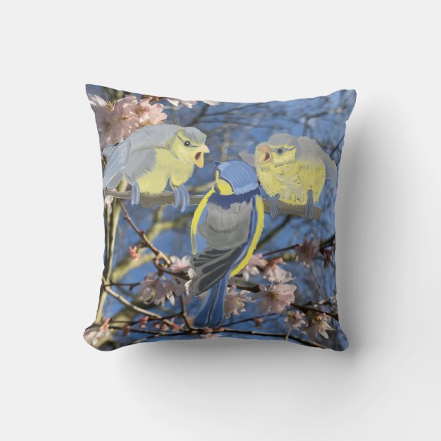 Blue and Yellow Chickadee family Throw Pillow (Front)