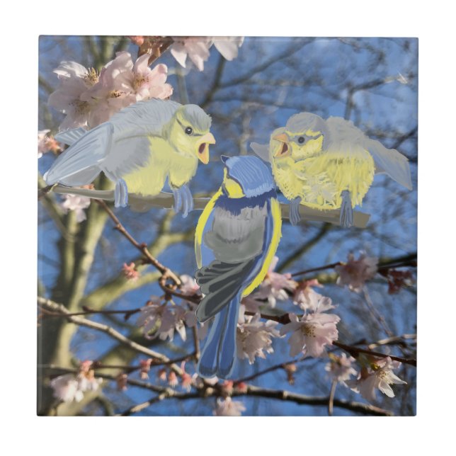 Blue and Yellow Chickadee family Tile (Front)