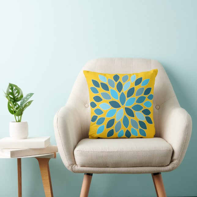 Blue and Yellow Chrysanthemum Floral Throw Pillow (Chair)