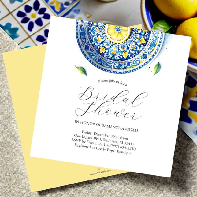 Blue and Yellow Citrus Bridal Shower Invitations (Lemon themed bridal shower invitations blue and yellow watercolor)