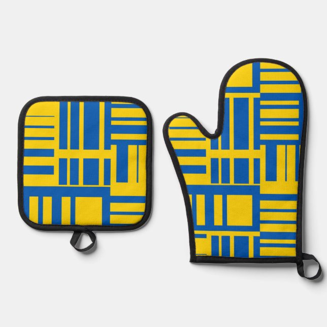 Blue And Yellow Colour Line Design Pattern Oven Mitt & Pot Holder Set (Front)