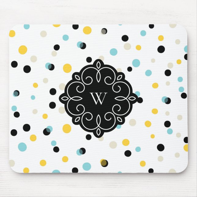 Blue and Yellow Confetti Dots Pattern Monogram Mouse Pad (Front)