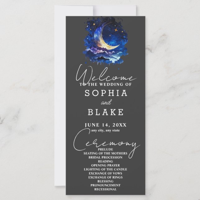 Blue and Yellow Crescent Moon Wedding Program (Front)