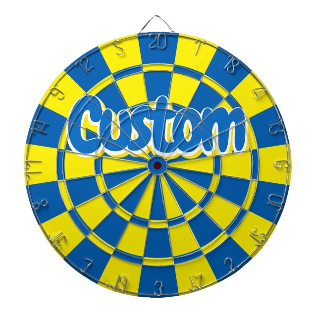 Blue and Yellow Customizable White Outlined Text Dartboard (Front)