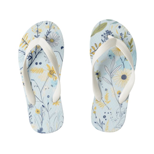 Blue and Yellow Daisy Pattern Kid's Flip Flops (Footbed)