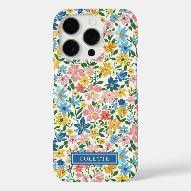 Blue and Yellow Ditsy Flowers Monogrammed Case-Mate iPhone Case (Back)