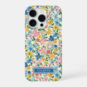 Blue and Yellow Ditsy Flowers Monogrammed iPhone 16 Pro Case